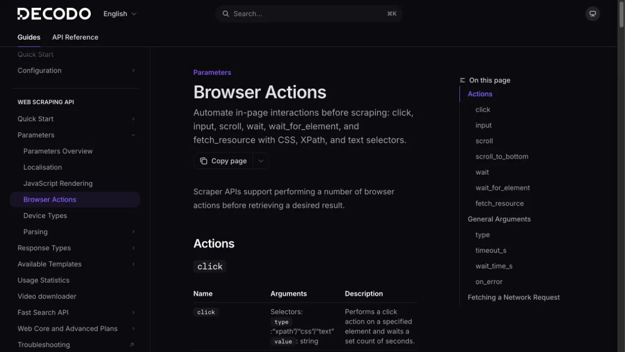 Официальная документация Decodo Browser Actions с перечнем действий: клик, ввод, прокрутка, ожидание, ожидание элемента и получение ресурсов.