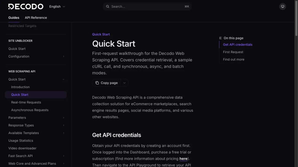 Официальная документация по Decodo Web Scraping API для быстрого старта, показывающая учетные данные, первый запрос и синхронный, асинхронный и пакетный режимы.