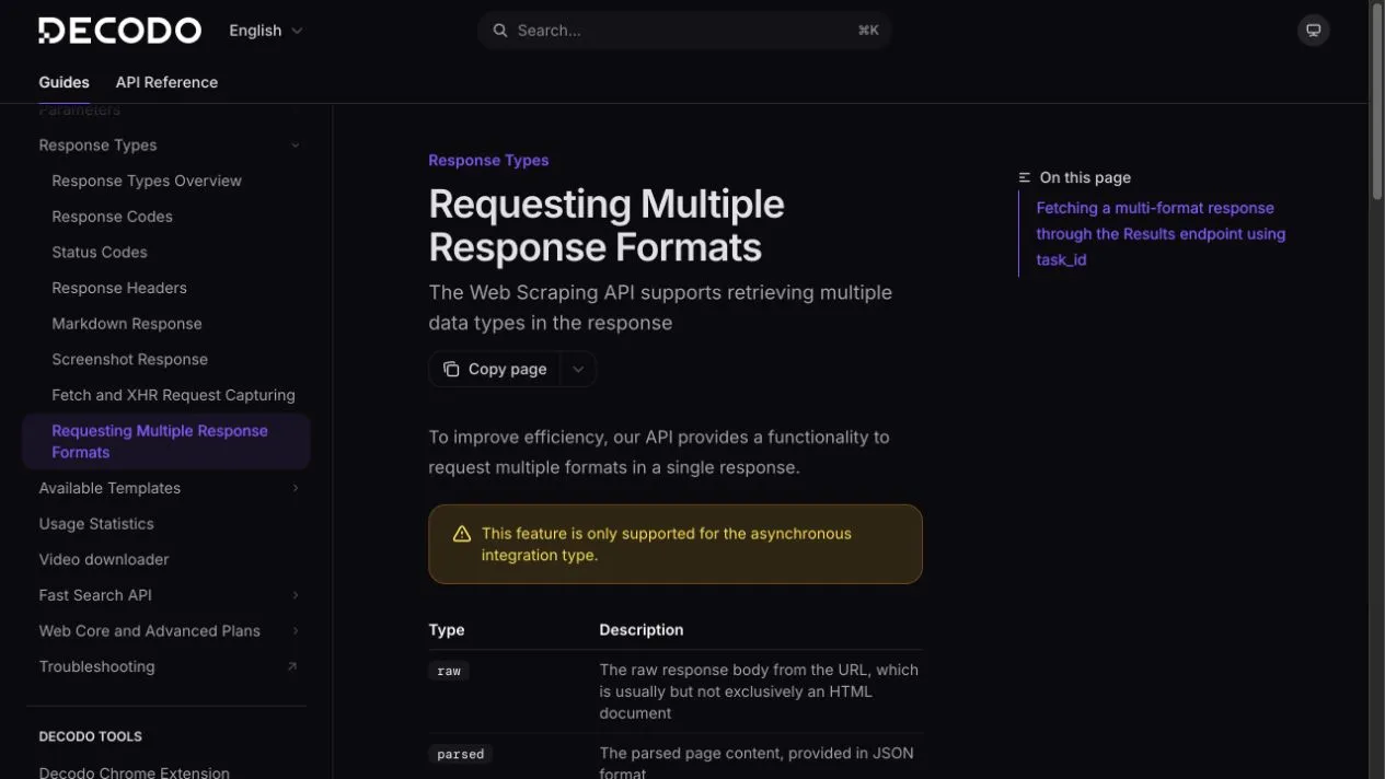 Официальная документация Decodo с показом асинхронных многопформатных результатов, включая сырые, разобранные, Markdown, XHR и PNG.