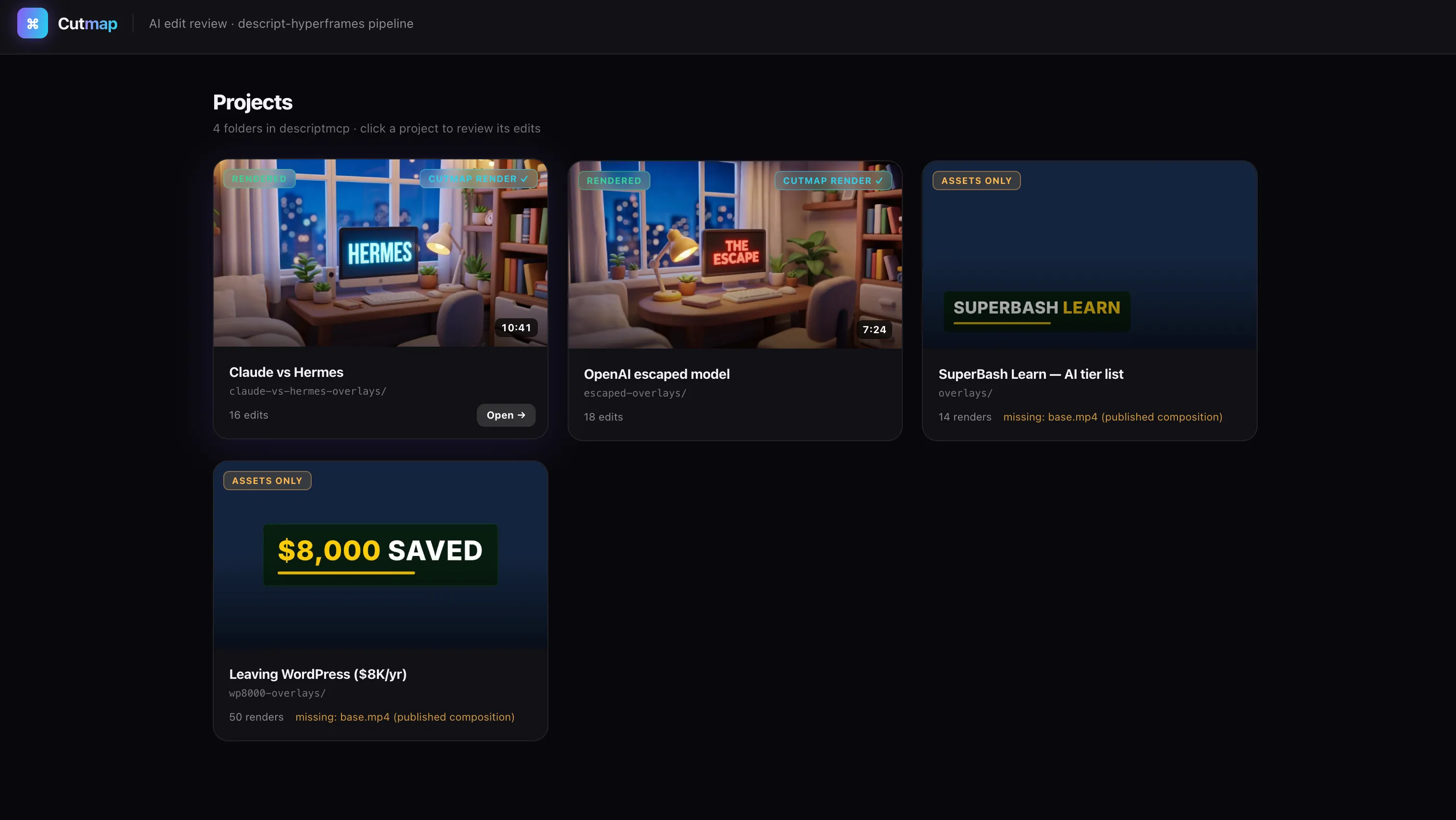 Страница проектов Cutmap, включая Claude vs Hermes, OpenAI escaped model, SuperBash Learn AI tier list и проекты Leaving WordPress