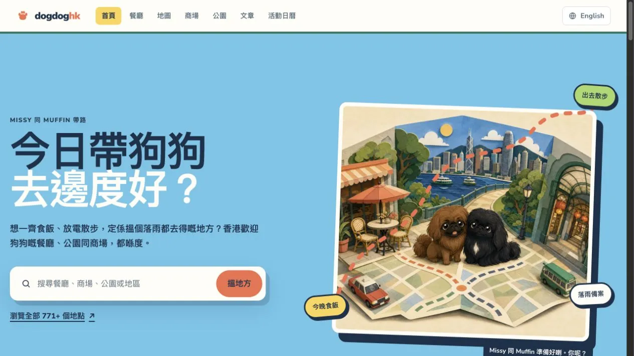 Главная страница Live DogDogHK на традиционном китайском с отображением поля поиска и путеводителя по Гонконгу