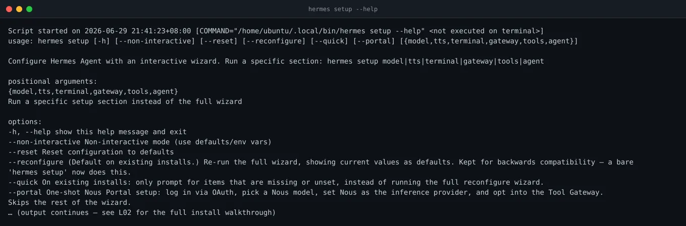 Вывод команды hermes setup --help с шестью подразделами: model, tts, terminal, gateway, tools, agent