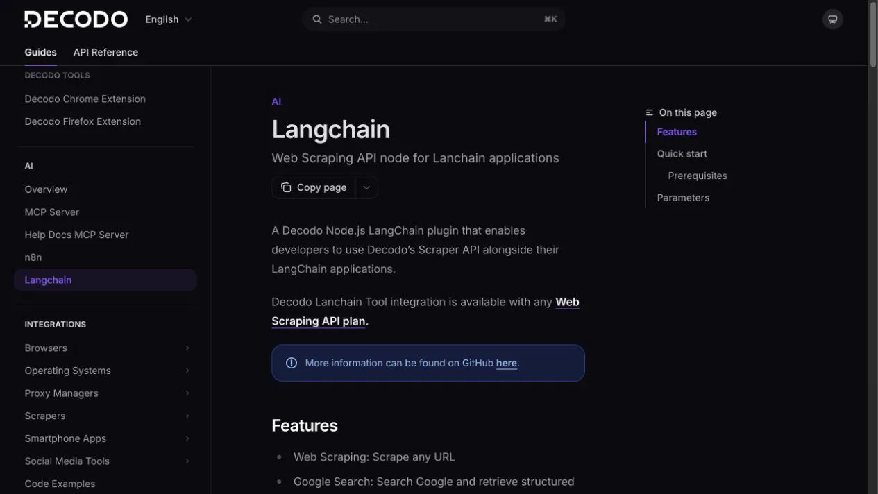 Официальное руководство Decodo LangChain, показывающее плагин для Node.js, быстрый старт, параметры и поддерживаемые инструменты Web, Google, Amazon и Reddit.