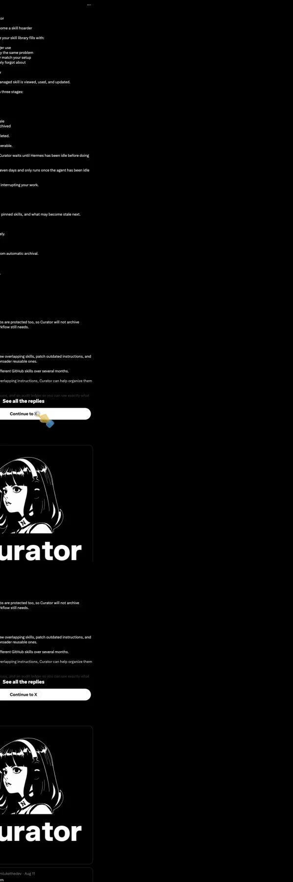 Скриншот поста Лука The Dev в X от 20 августа 2026 года, объясняющий команду Hermes Curator, её жизненный цикл от активного к устаревшему и в архив, закрепление, восстановление и необязательную консолидацию