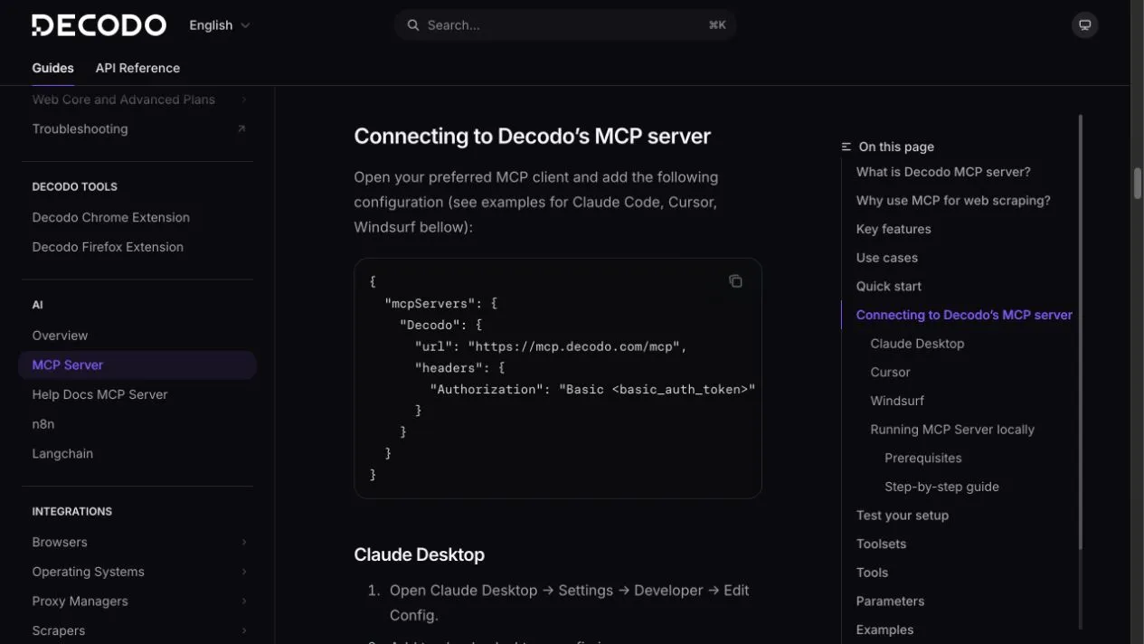 Официальная документация Decodo, показывающая URL удаленного MCP сервера и конфигурацию заголовка Authorization Basic.
