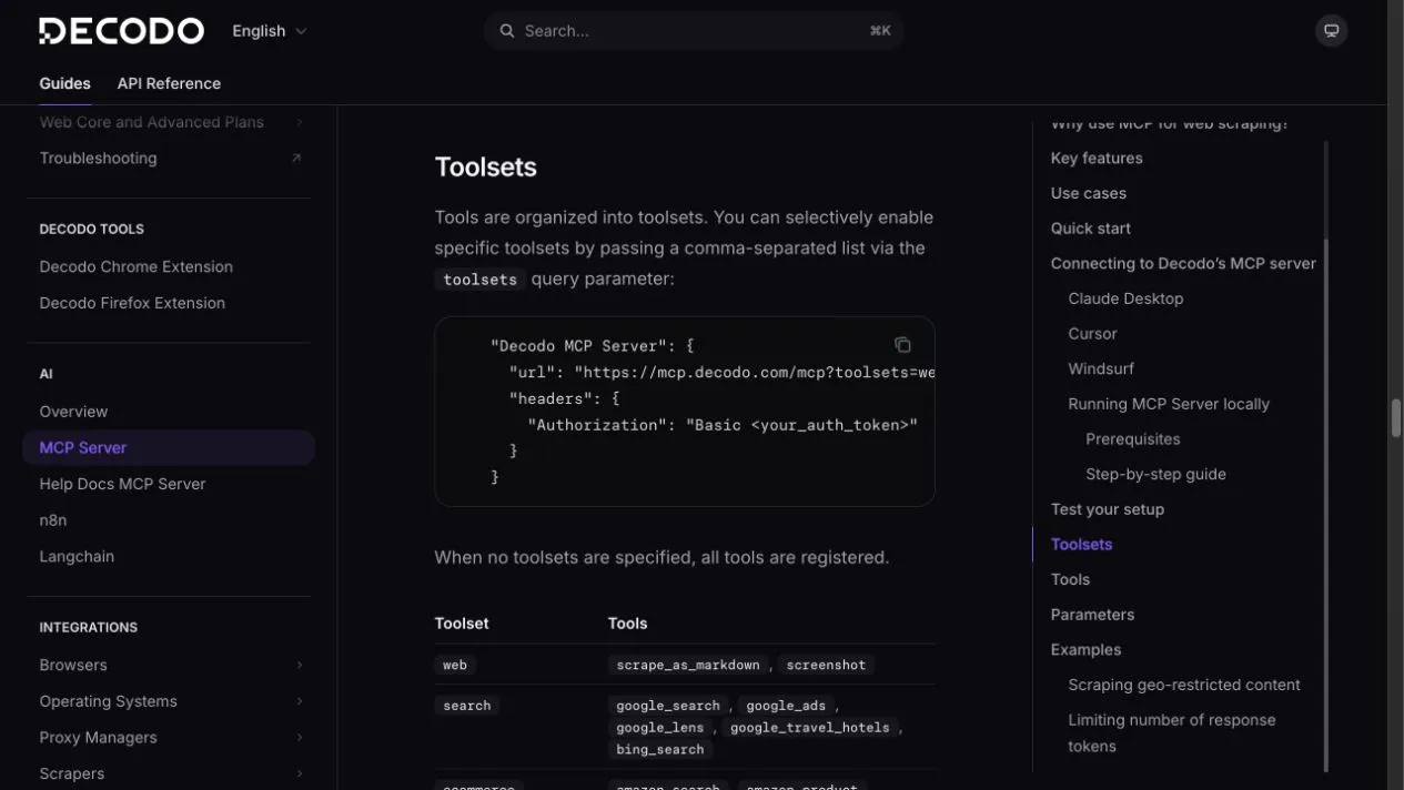 Официальная документация Decodo MCP, показывающая отдельные наборы инструментов для веба, поиска, электронной коммерции, социальных сетей и ИИ.