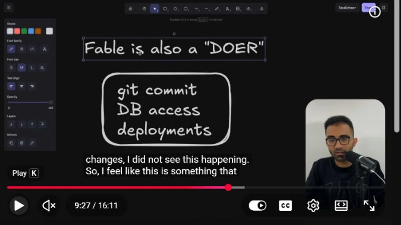 Рамка обзора Fable 5 Мехула Мохана, перечисляющая коммиты git, доступ к базе данных и деплои, обсуждая ненаблюдаемые изменения