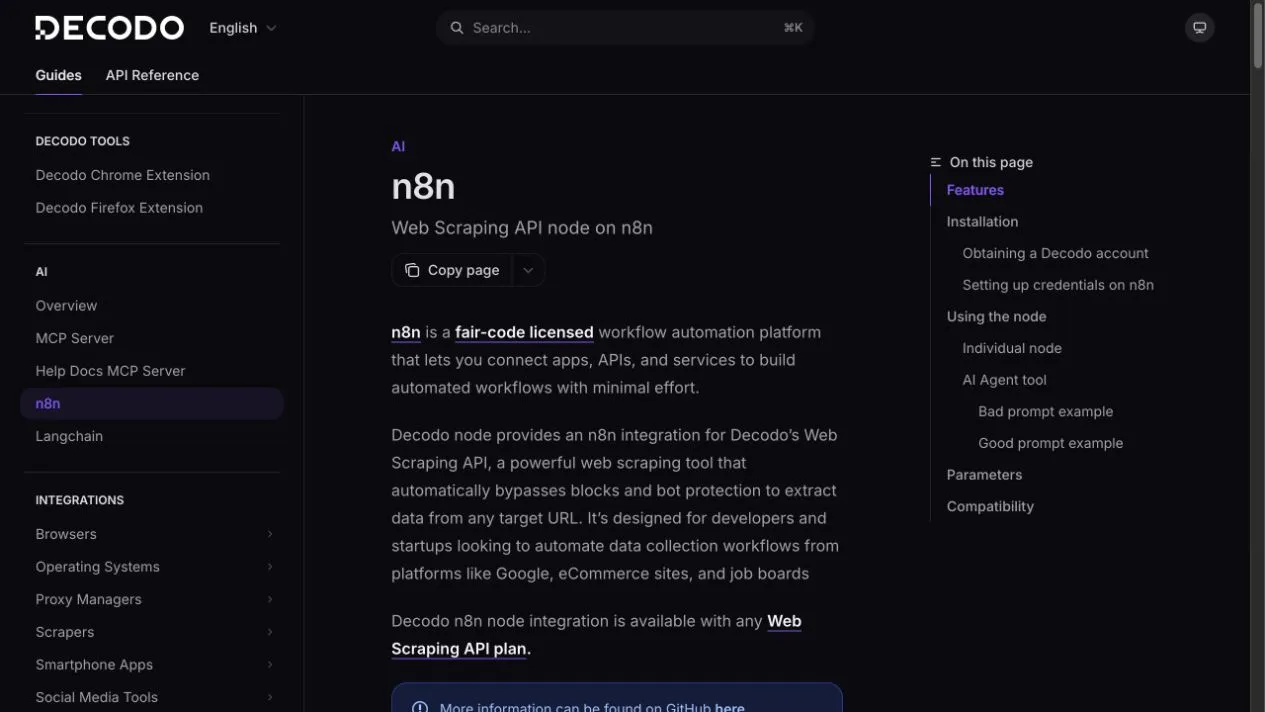 Официальная документация по интеграции Decodo с n8n, показывающая установку, учетные данные, использование отдельных узлов, использование AI-агента, параметры и совместимость.
