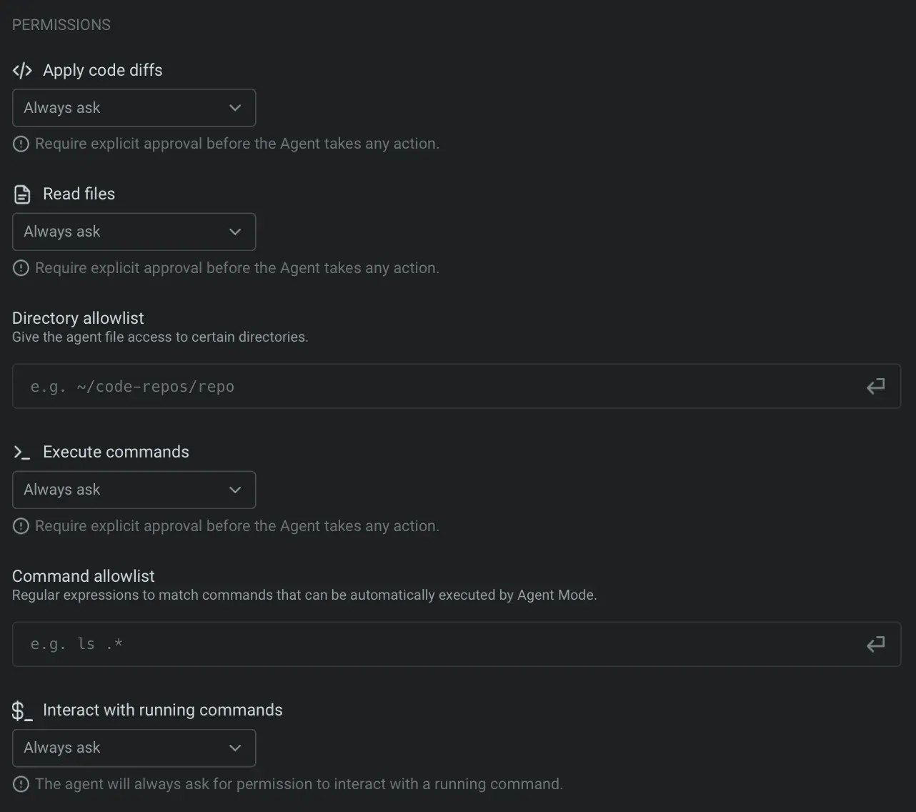 Панель разрешений официального агента Warp для чтения файлов, отличий кода, планов, команд и взаимодействия с терминалом