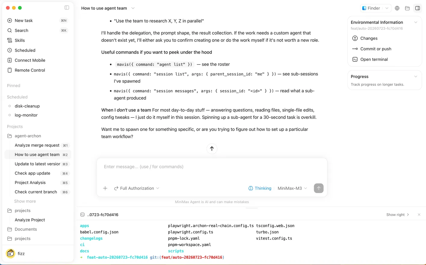 Официальный режим кодирования MiniMax Code с управлением панелями Файлы, Изменения, Терминал и Браузер