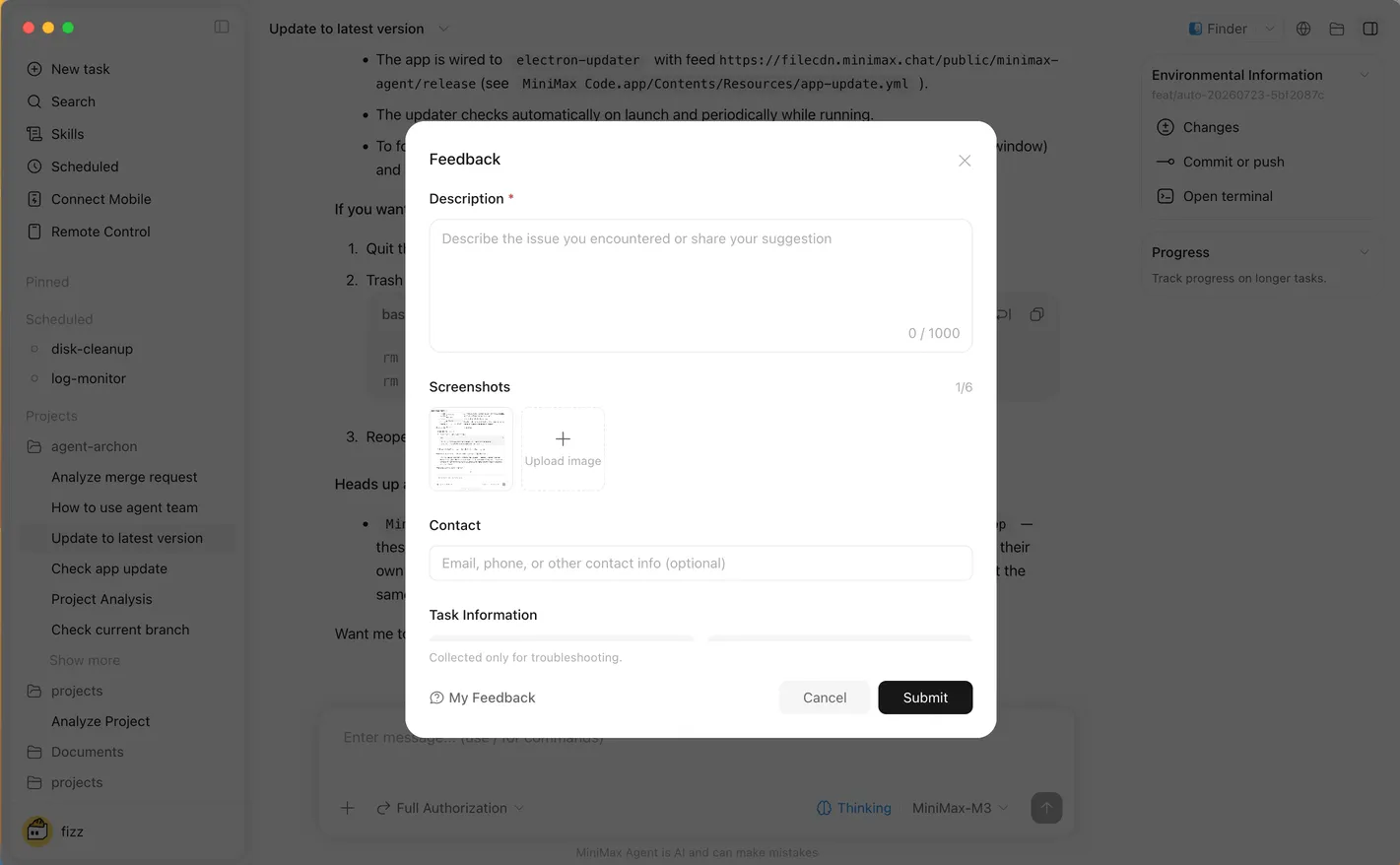 Официальный диалог обратной связи MiniMax Code с описанием проблемы, скриншотом, диагностикой и элементами отправки