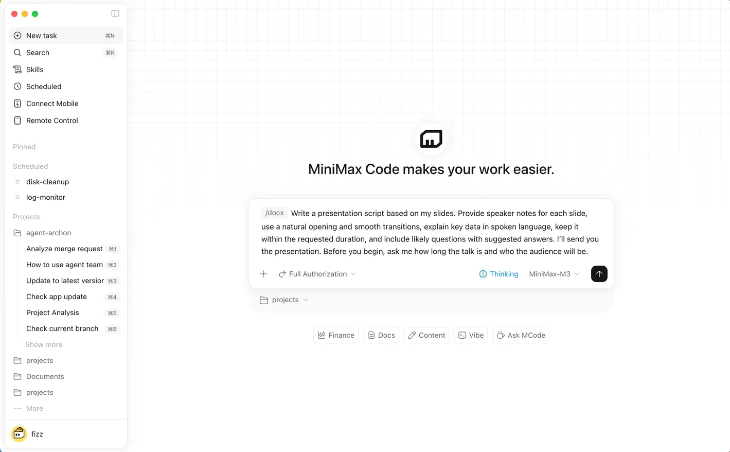 Официальный композитор первой задачи MiniMax Code с видимым выбором рабочего пространства