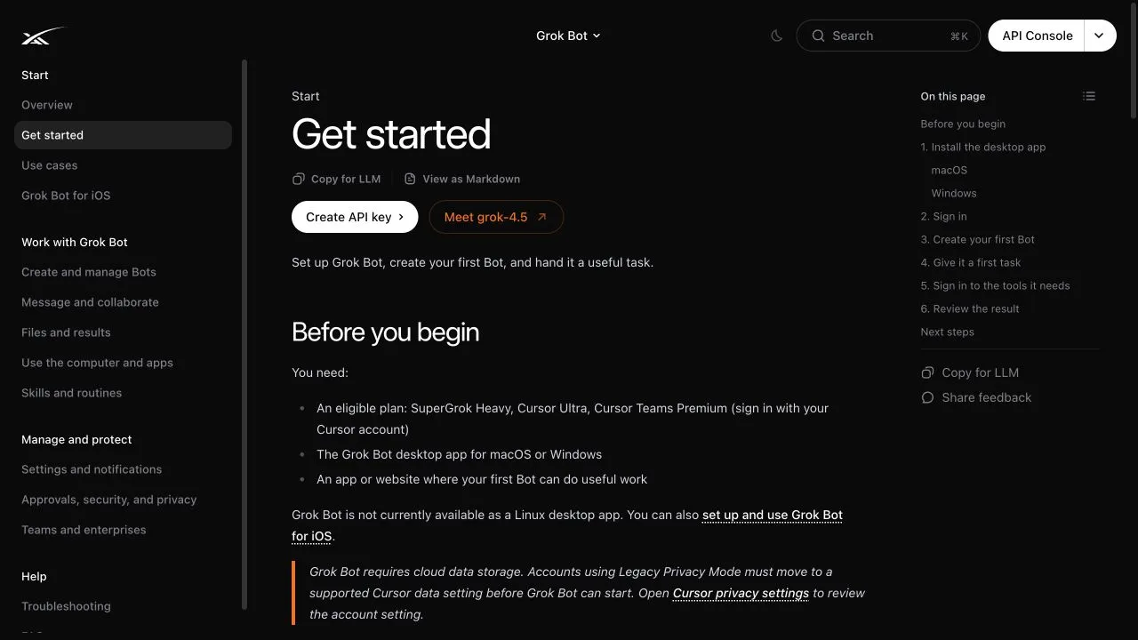 Официальная документация SpaceXAI Grok Bot «Начало работы», в которой перечислены подходящие планы и поддерживаемые настольные платформы