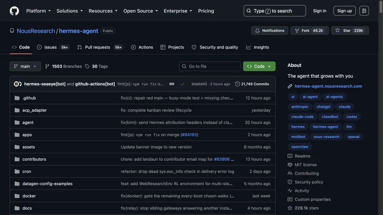 Официальный репозиторий Hermes Agent на GitHub от Nous Research с проектом с открытым исходным кодом и ссылками на документацию.