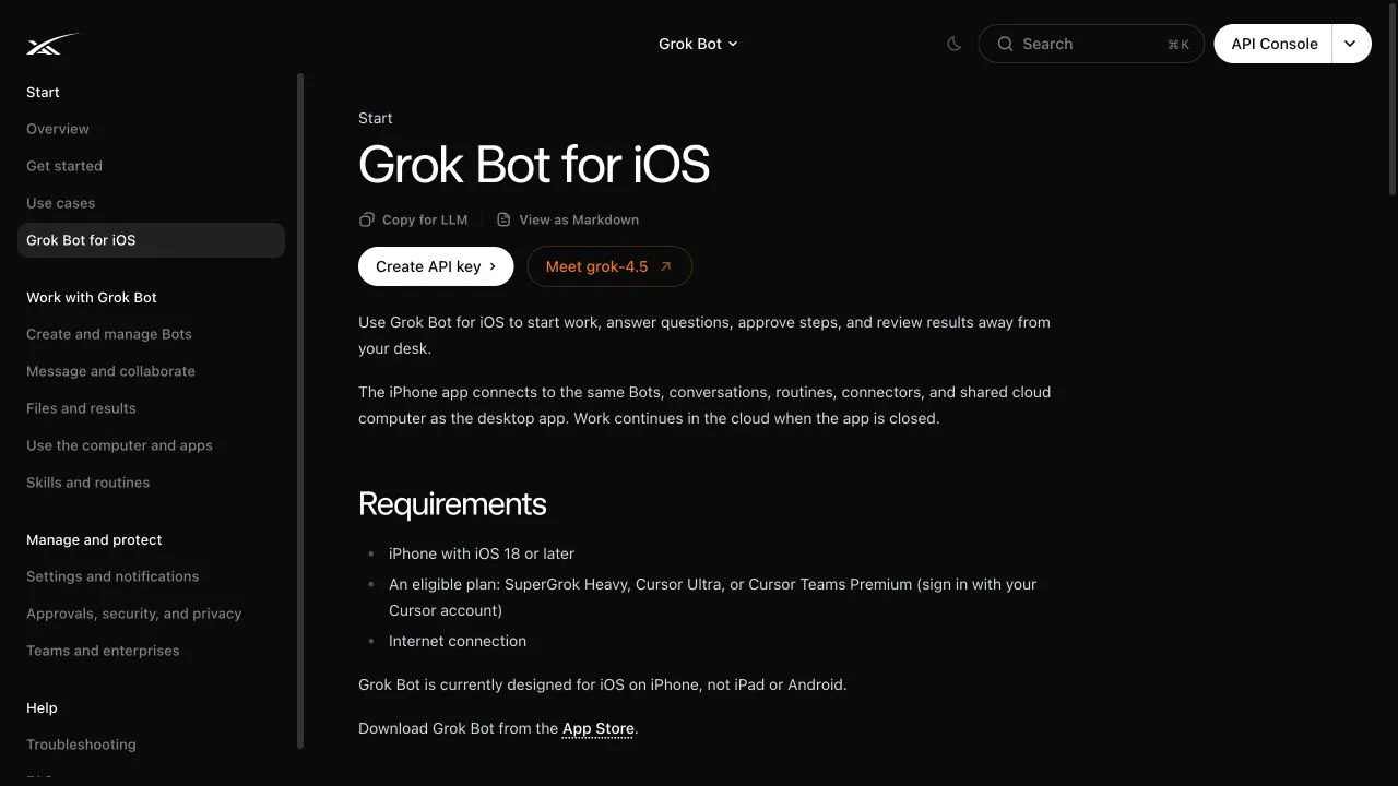 Официальная документация xAI Grok Bot, показывающая руководство по Grok Bot для iOS и требования к его установке.