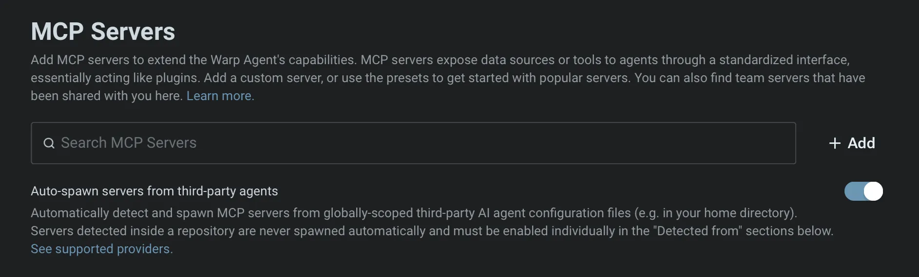 Официальные настройки серверов Warp MCP с добавлением и сторонним управлением автоспавном