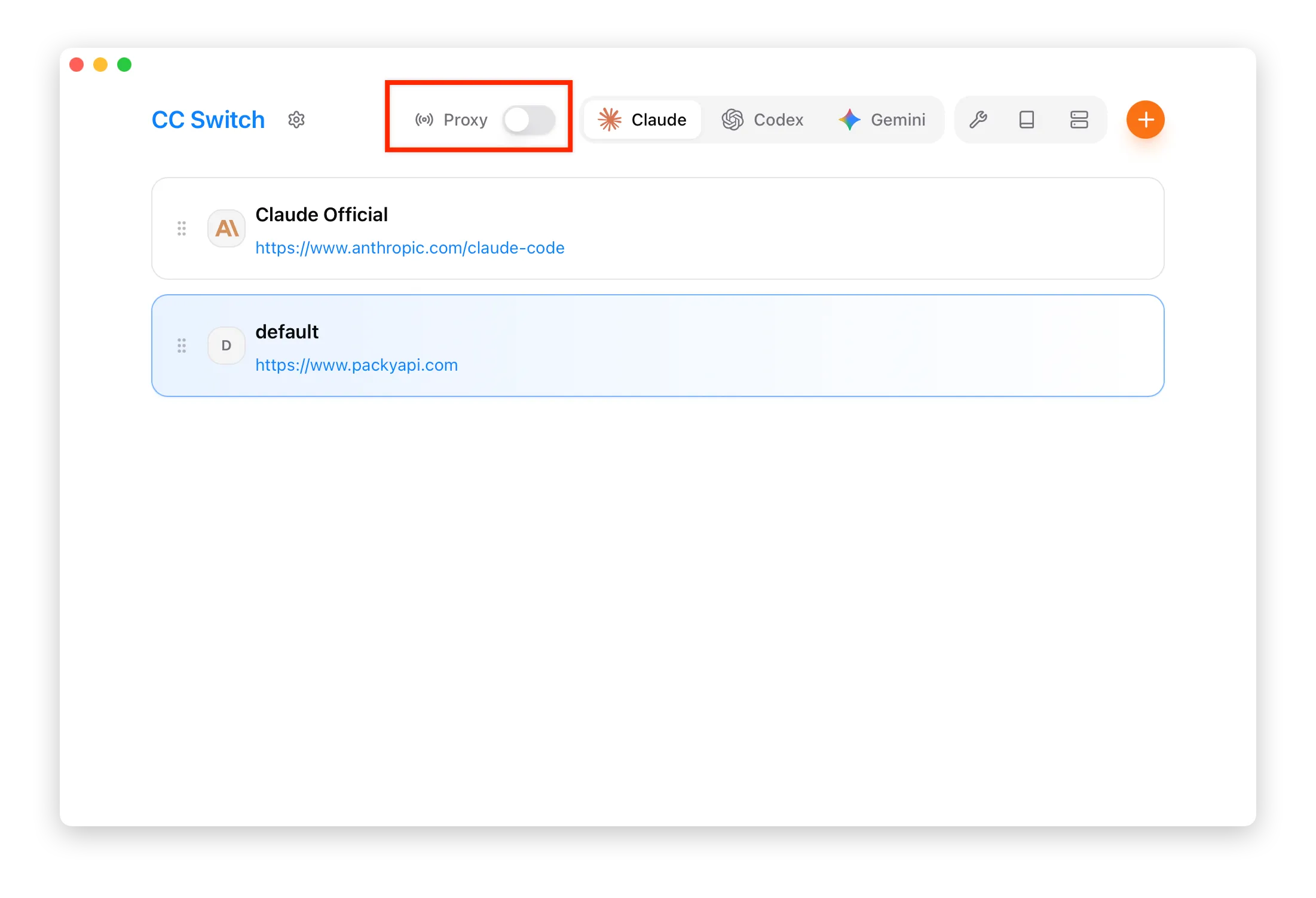 Официальная панель локального прокси CC Switch с переключателем службы и элементами управления активным провайдером