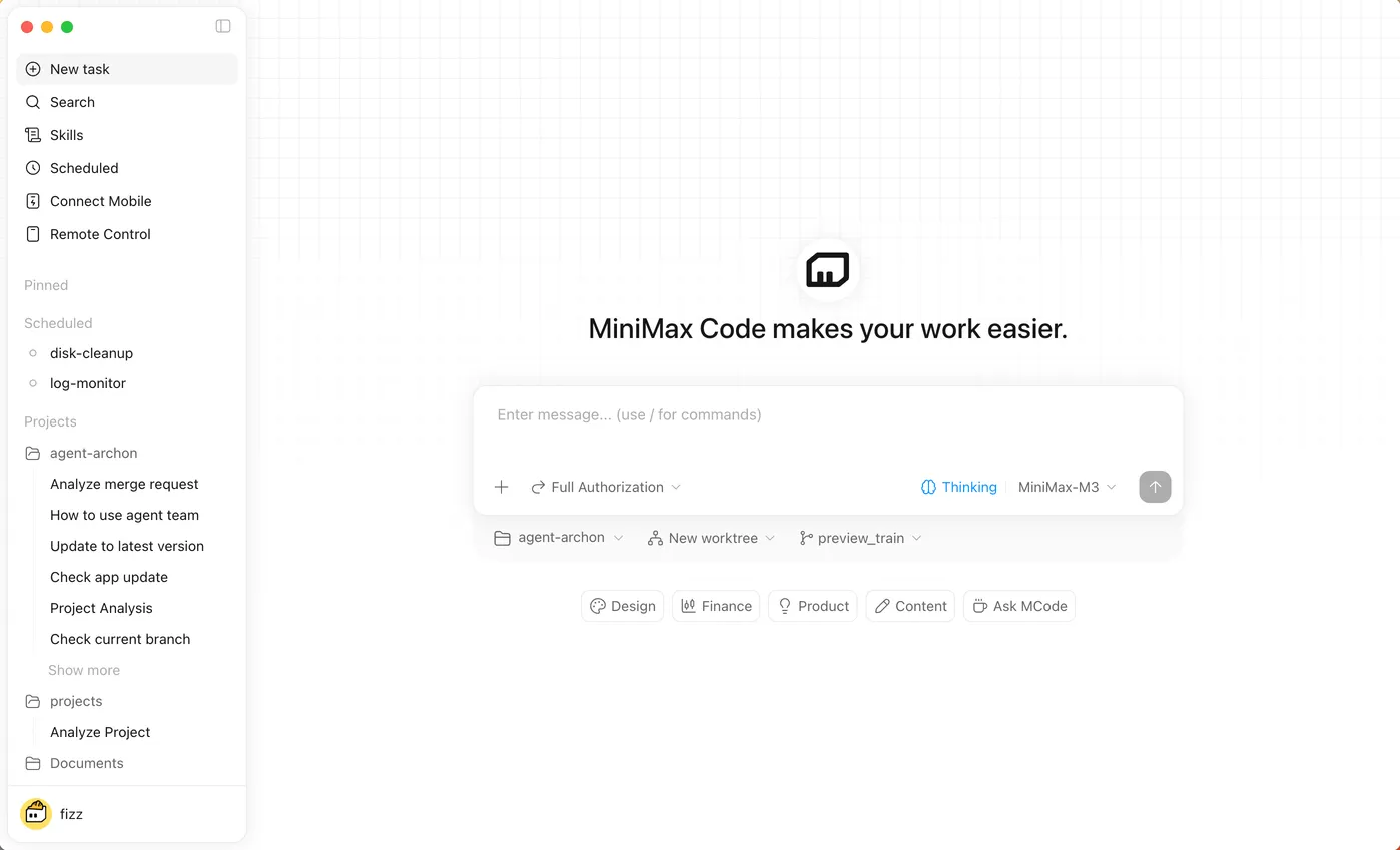 Официальный экран приветствия MiniMax Code с композитором задач и элементами управления рабочей областью