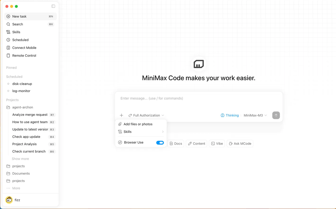 Официальный выбор рабочего пространства MiniMax Code, используемый для выбора папки для задания