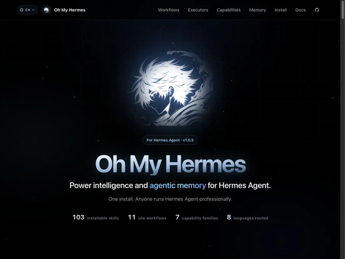 Скриншот официального сайта Oh My Hermes, показывающий версию 1.0.5 и текущий рабочий процесс, возможности и количество языков