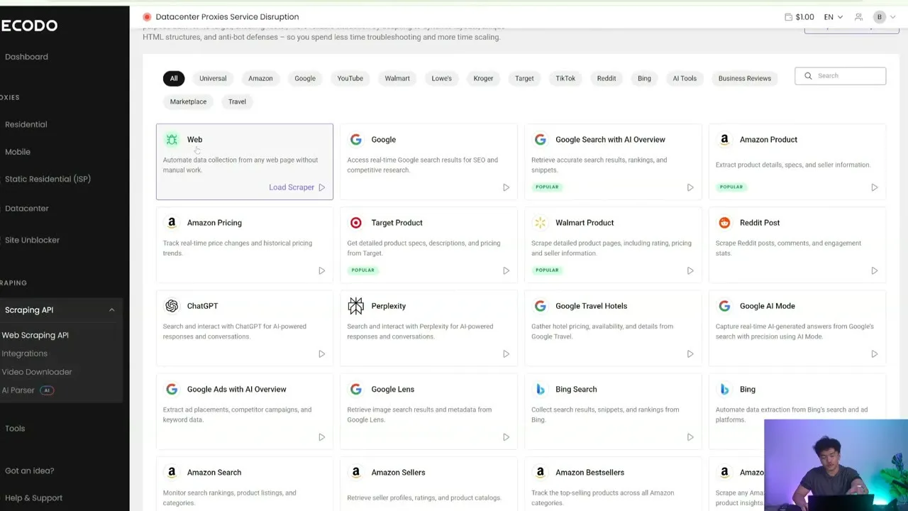 Каталог шаблонов на панели Decodo, показывающий скрейперы для Amazon, Walmart, Target и TikTok Shop наряду с инструментами поиска и ИИ.