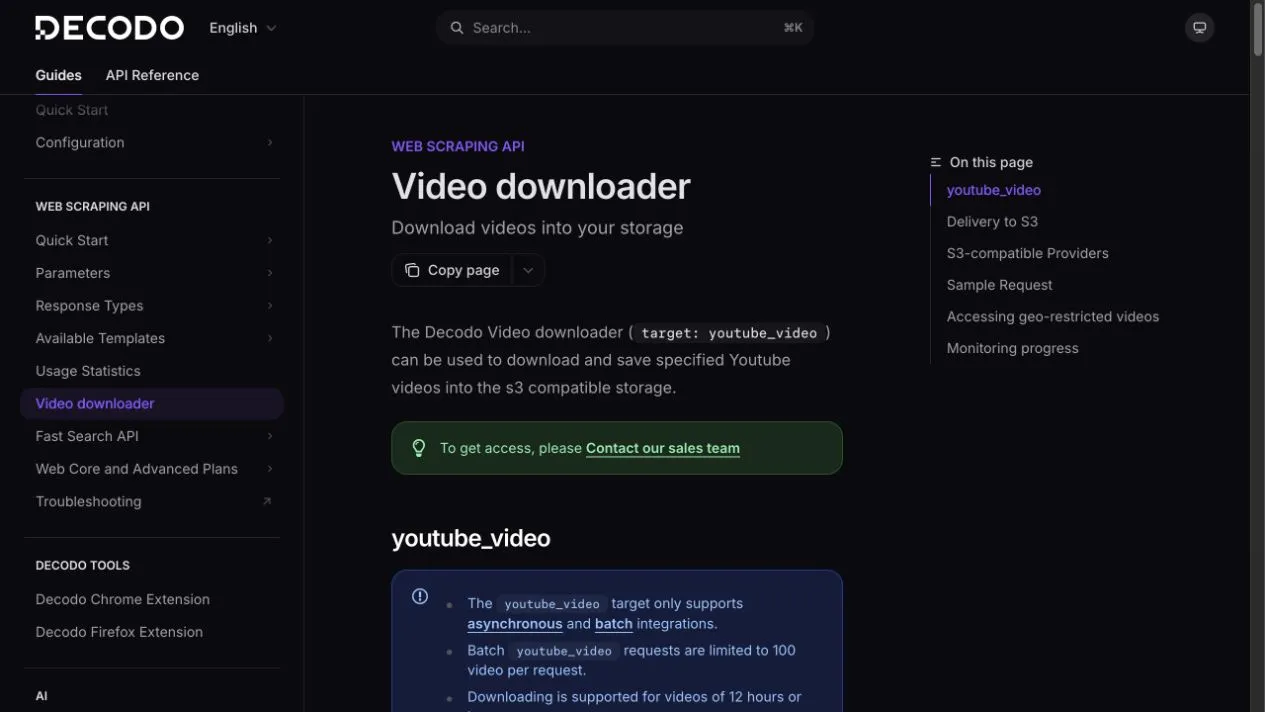 Официальная документация Decodo Video downloader с объяснением цели видео на YouTube и доставки, совместимой с S3.
