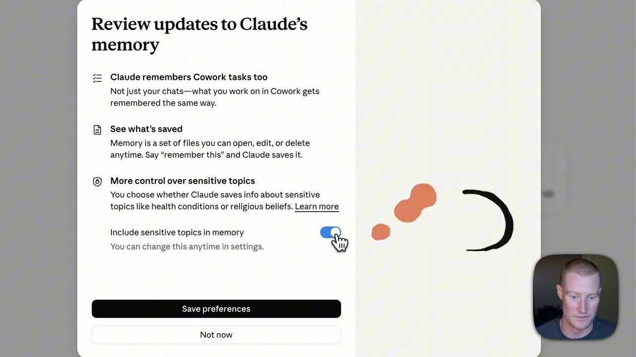 Кадр видео-прохождения с уведомлением об обновлении памяти Claude с совместным доступом Cowork, редактируемыми сохранёнными файлами и переключателем для чувствительных тем