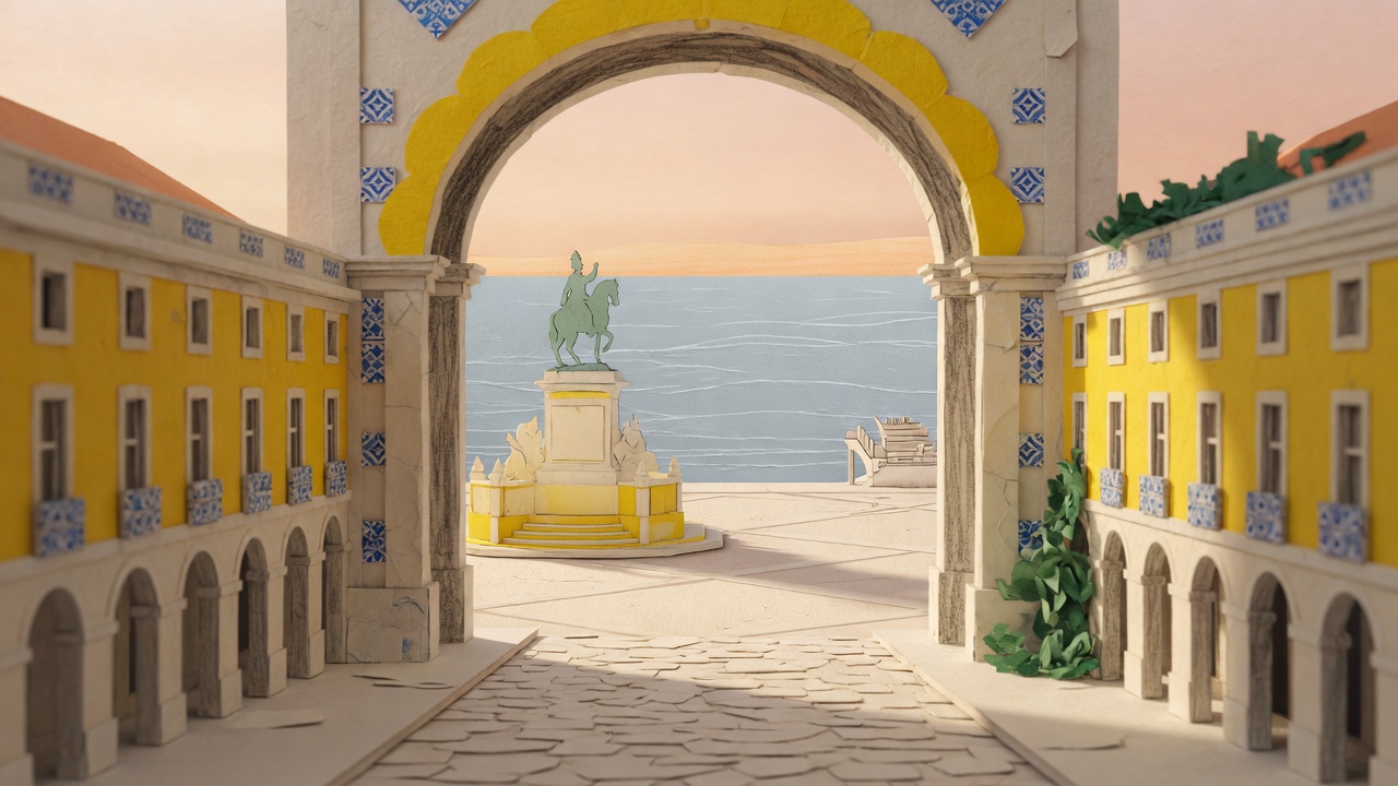 Бумажная арка, открывающаяся на Praça do Comércio и реку